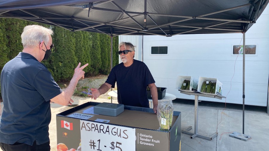 A NOTL spring tradition: Getting fresh asparagus at Thwaites Farms' produce stand, manned on May 12 by Wally Tomczuk . (Don Reynolds)