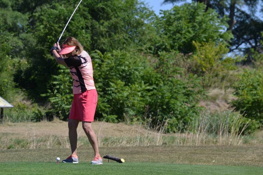 Bonnie Lamourie tees off. (Kevin MacLean photo)
