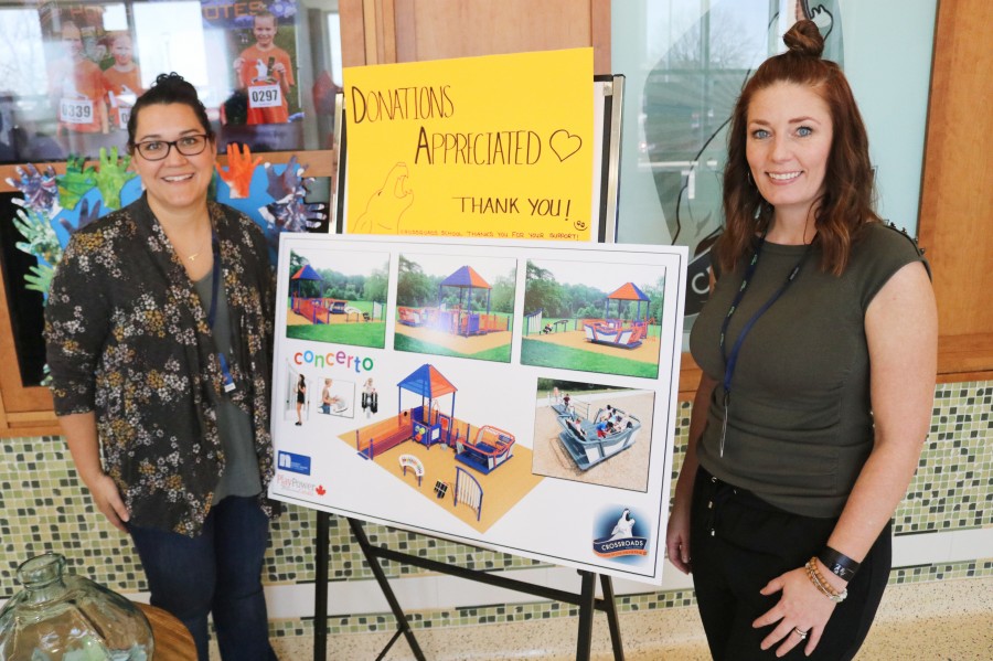 Event co-ordinators Amber Dyck and Amy Rapone stand next to a design of the new accessible equipment for the Crossroads playground. (Dariya Baiguzhiyeva/Niagara Now) 
