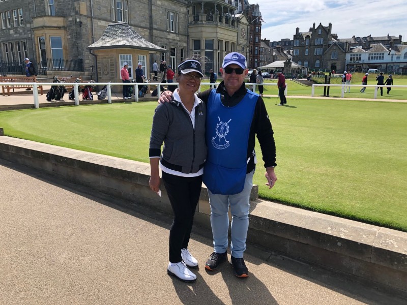 May Chang and her caddy Bruce Gordon after playing the Old |Course at St. Andrews. (Kevin MacLean/Niagara Now)