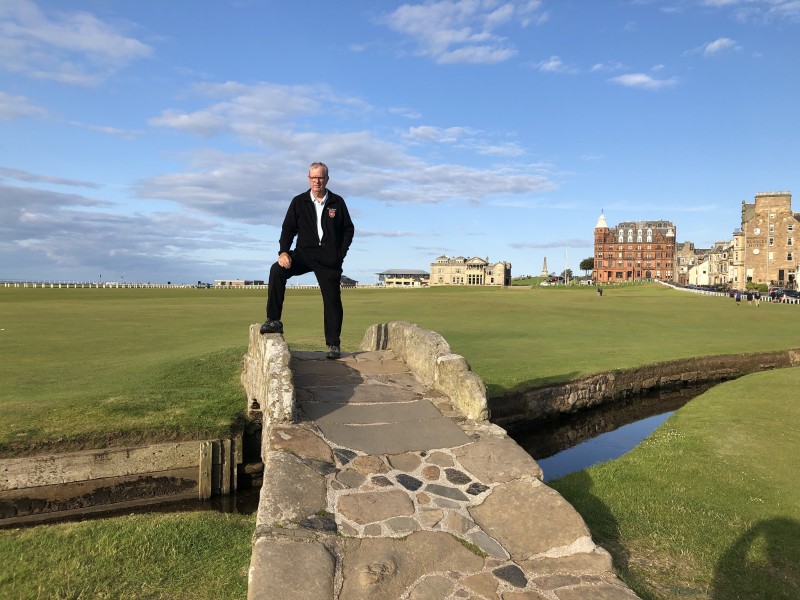 On the famous Swilcan Bridge, the afternoon before playing the Old Course. It was a Sunday so the course is closed to golfers and is used as a public park. (May Chang/Niagara Now)