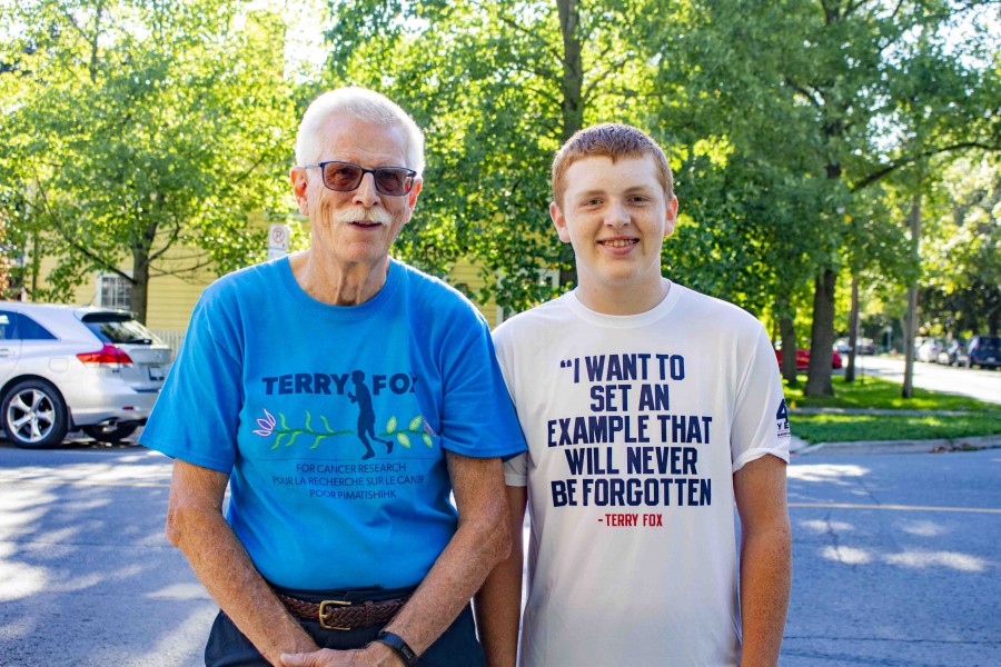 David Scott and Grandson Aiden Harber out walking the King Street stretch for the Terry Fox Run. (Evan Saunders)