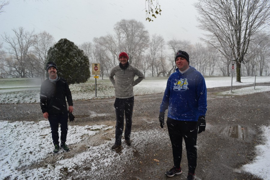 The trio of Ricky Watson, James Grigjanis-Meusel and Billy Simkin catch their breath after their snowy run. (Kevin MacLean photo)JPG