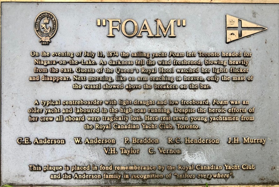 When the original monument to the Foam became unreadable through erosion on the stone, the Royal Canadian Yacht Club, the home harbour for the Foam in 1874, and owner of the gravesite, added a bronze plaque. (Supplied)