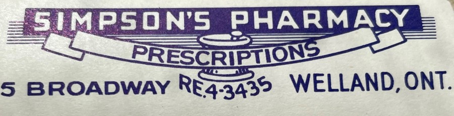 A label from the Welland Pharmacy started by Sherman Simpson.