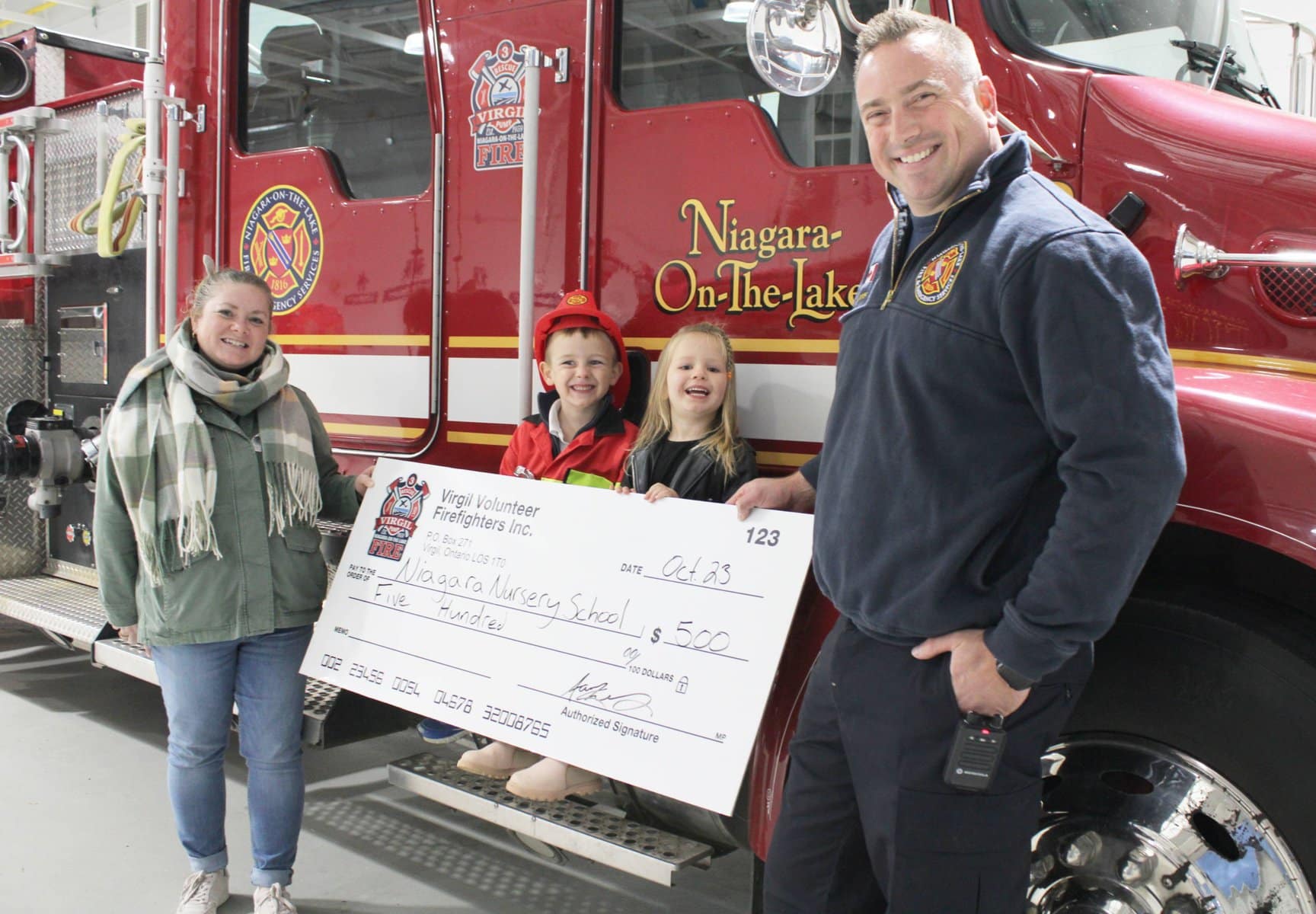 The Virgil Volunteer Firefighters Association donated $500 to the Niagara Nursery School. The money was a part of the proceeds from the association's Classic. Car Show held in August.