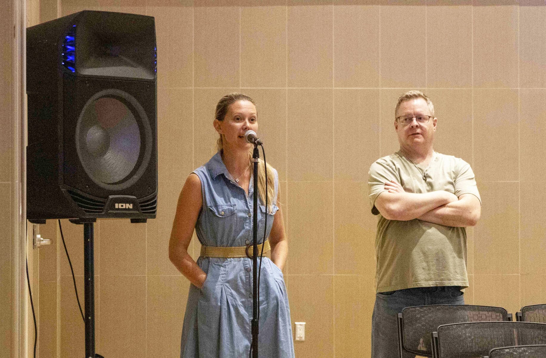 Robin Ridesic speaks during the public Q&A, urging Vaccaro to consider other sites so the hospital property’s community-facility zoning can be preserved.
