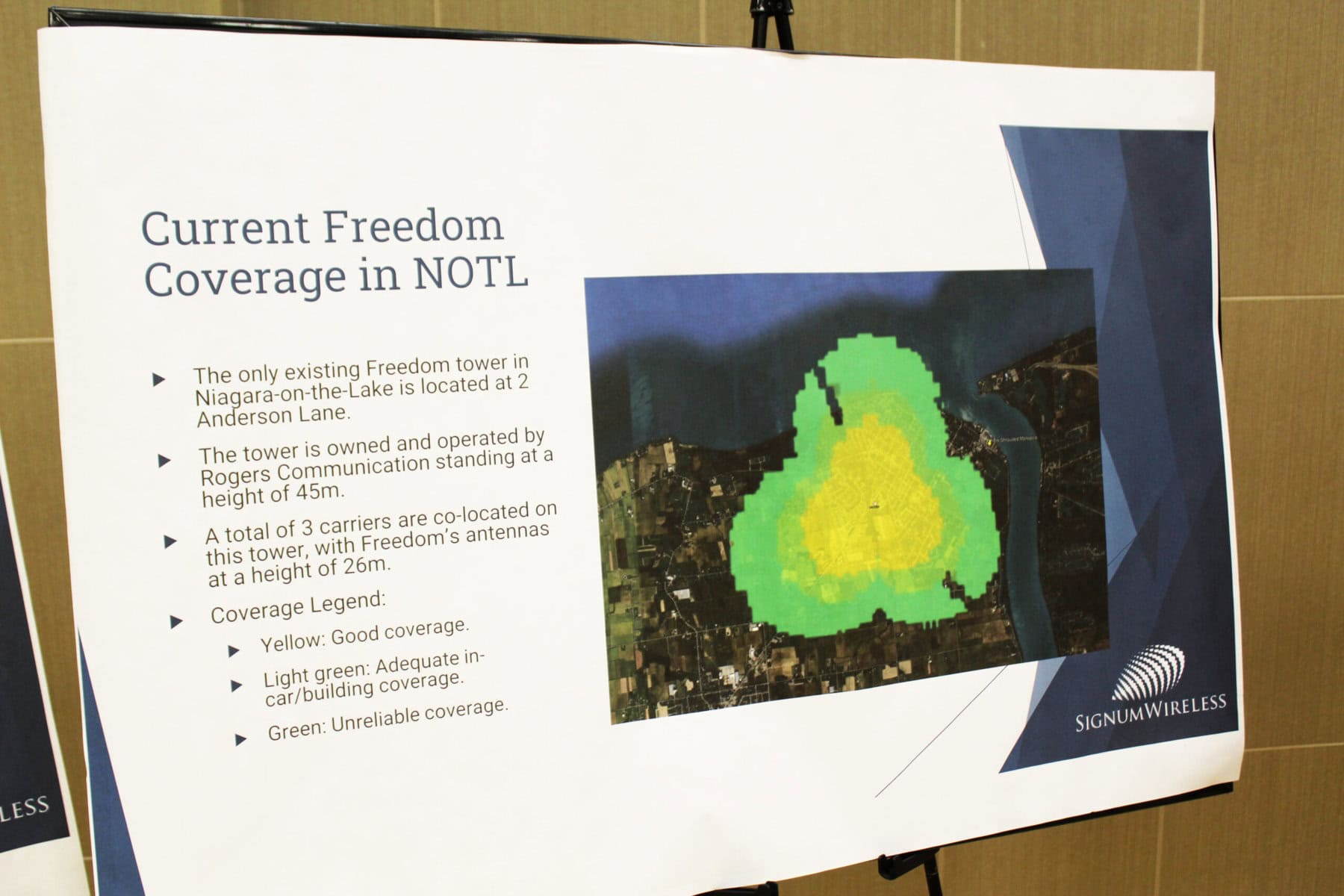 This poster board shows the current coverage area for Freedom Mobile users in Old Town, with the only existing tower located at 2 Anderson Ln., near the community centre.