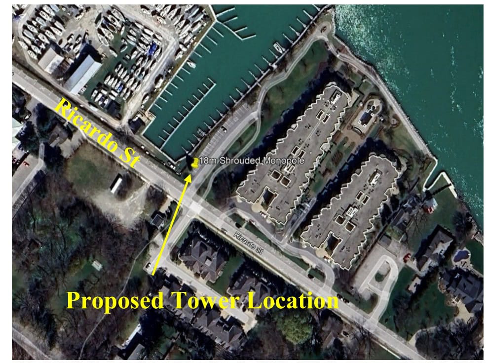 The proposed new location for Signum Wireless's proposed cell tower, shared in notice materials given to nearby residents of Nelson Park.
