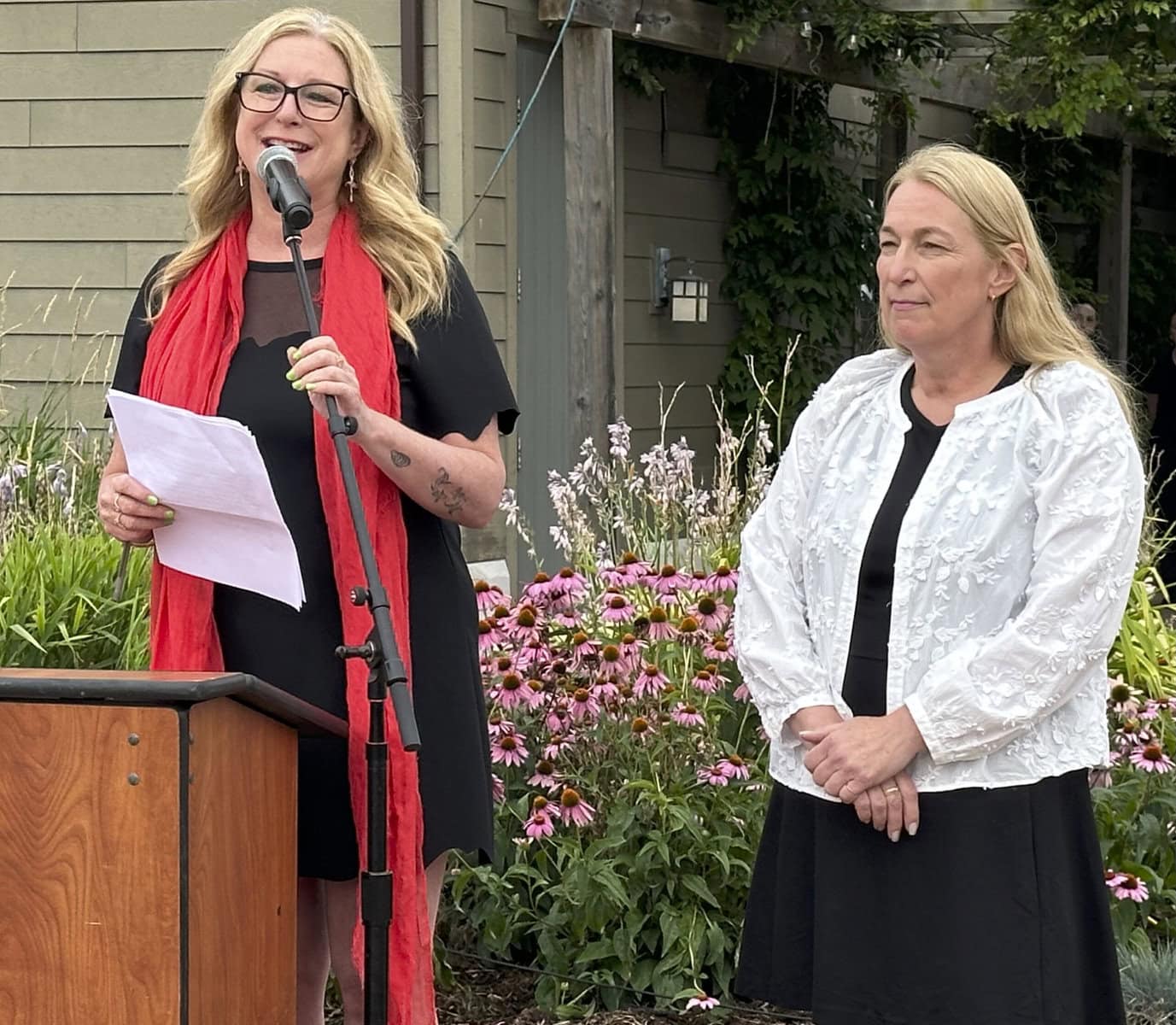 Magdalena Kaiser speaks at Inniskillin anniversary, with Andrea Kaiser beside her. "I'm incredibly, incredibly proud to raise a glass with my family and with all of you to celebrate not only what Karl and Donald started, but what continues to grow from it," she said.