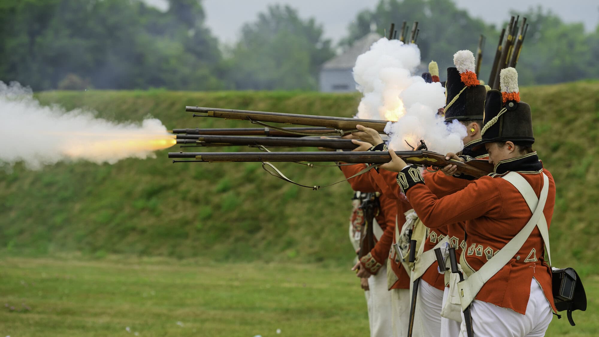 This team fires off their shots. Teams were divided by different types of soldiers and re-enactor groups: grenadiers from Fort George, the 41st Light Company and the Fort Erie guard.