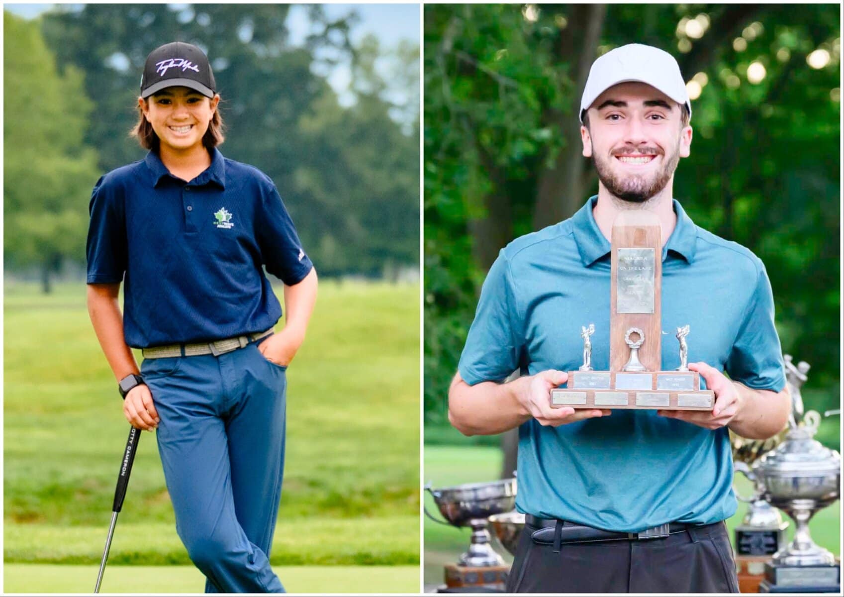 Left: Eli Perng, 13, of St. Davids, won the junior title at the Cherry Hill Club and Eagle Valley. Right: Lucas Roberts-Ramos captured the junior boys title at the NOTL Golf Club. Both finished tied for second in the junior boys competition at the Champion of Champions tourney in Welland on Saturday.

