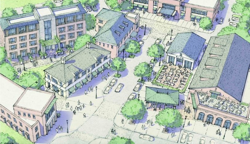 The Village Square proposal, approved in 2018 with modestly scaled buildings.