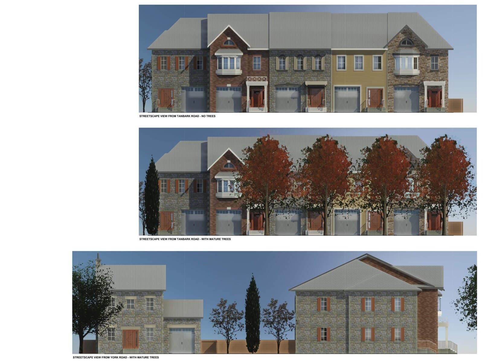 These renderings from Quartek Group show what the townhouse development would look like from Tanbark Road and York Road.
