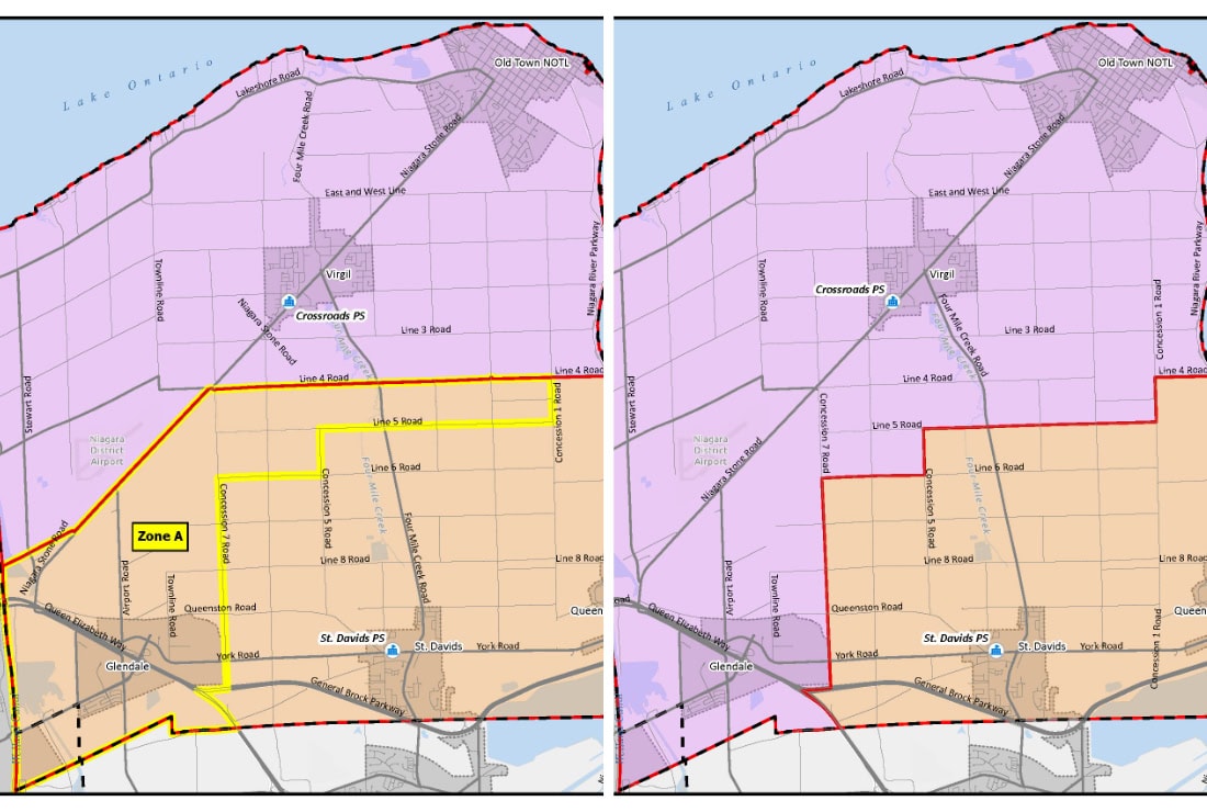 The map on the left shows the current population boundaries in Niagara-on-the-Lake dictating whether school-aged children will attend Crossroads Public School (the public section) or St. Davids Public School (the orange section), while the map on the right shows the boundary changes that would come into effect to decrease the student population at St. Davids Public School.
