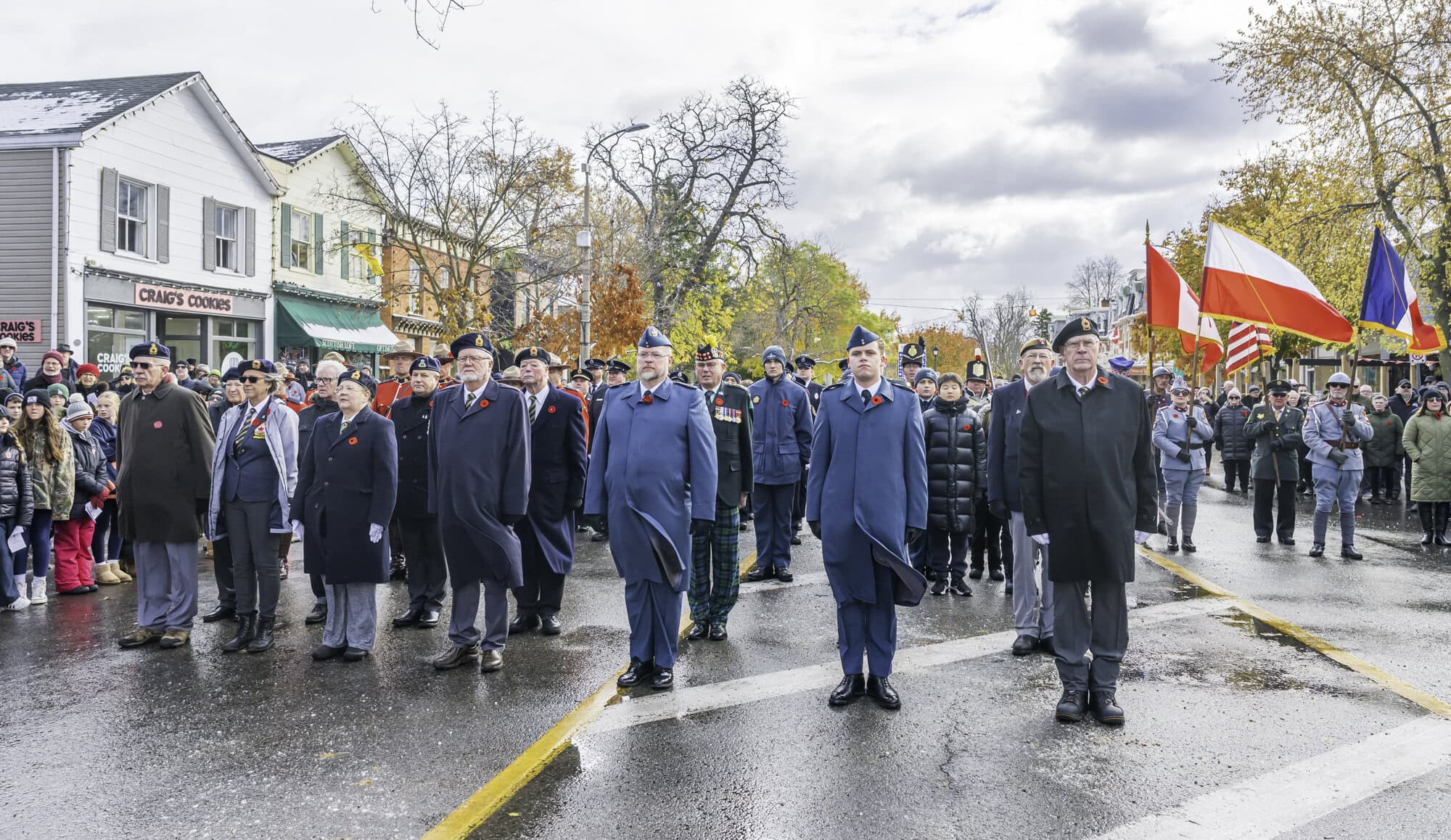 Royal Canadian Legion members and 809 Air Cadets stand tall on Queen Street as they observe the two minutes of silence at the top of the 11th hour.
