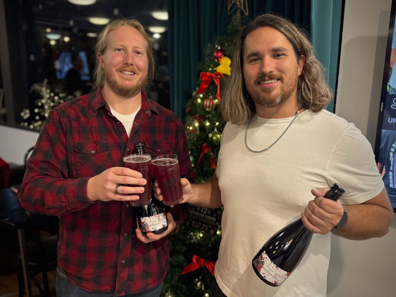 The Exchange brewmaster Sam Maxbauer and Stratus winemaker Dean Stoyka with their Beer-jolais Nouveau.