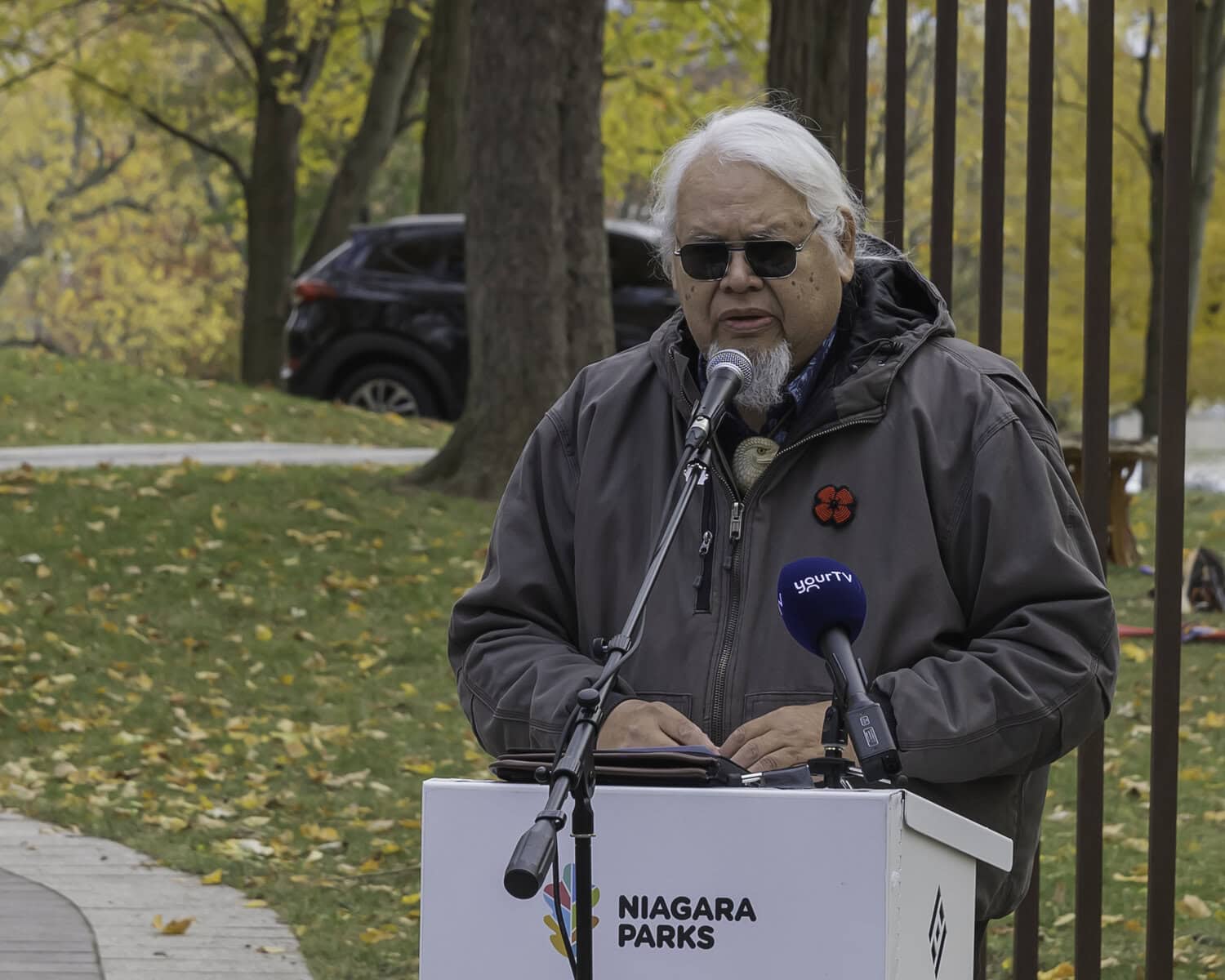 Rick Hill, Haudenosaunee historian and knowledge specialist at the First Nation Technical Institute, gives the keynote address of the ceremony. "I stand here today to honour the countless number of my ancestors and their allies who did the very things that I could not do," he says.