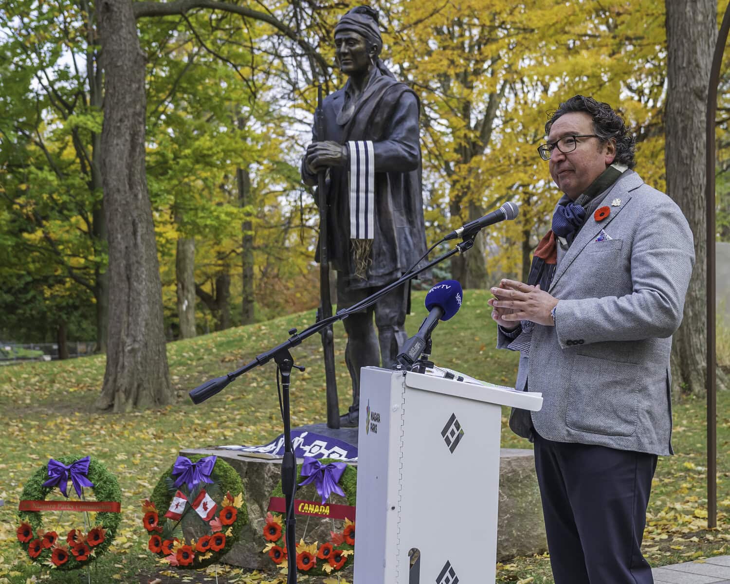 Niagara-on-the-Lake's lord mayor, Gary Zalepa, addresses the crowd at the ceremony. The land known today as Niagara-on-the-Lake was the sight of many of the War of 1812's most significant battles, which saw Indigenous peoples take up arms to defend against the American military.