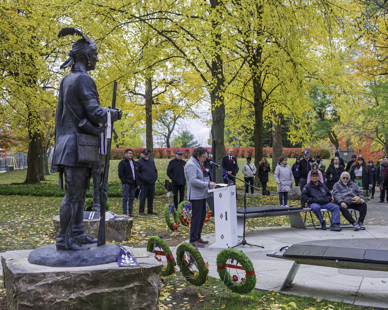 The seventh annual ceremony, held on Nov. 8, recognized the bravery and service of Indigenous peoples in conflicts from the War of 1812 to modern times, including such people as John Norton, whose statue can be seen here. Norton was the military leader of Iroquois warriors in the War of 1812, who fought alongside Great Britain.