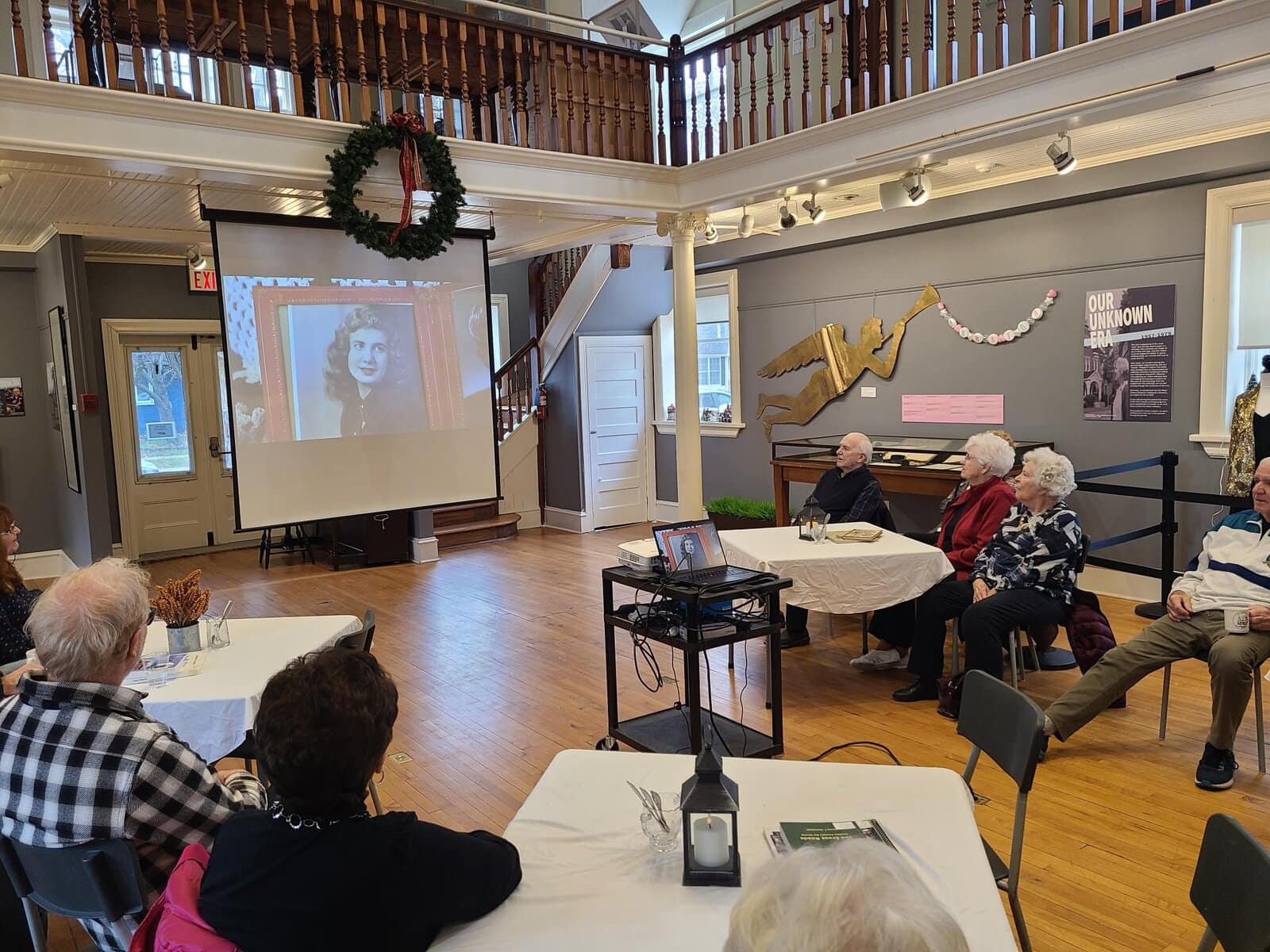 Abe Epp’s late wife, Eleanore, appears on screen during the museum’s oral history screening on the history of the town's Mennonite community.