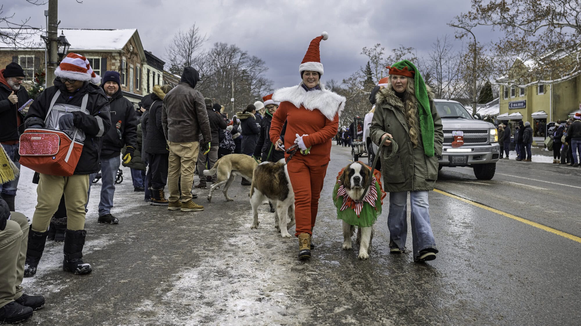 This festive duo and their pups make their way down Queen Street during the parade.