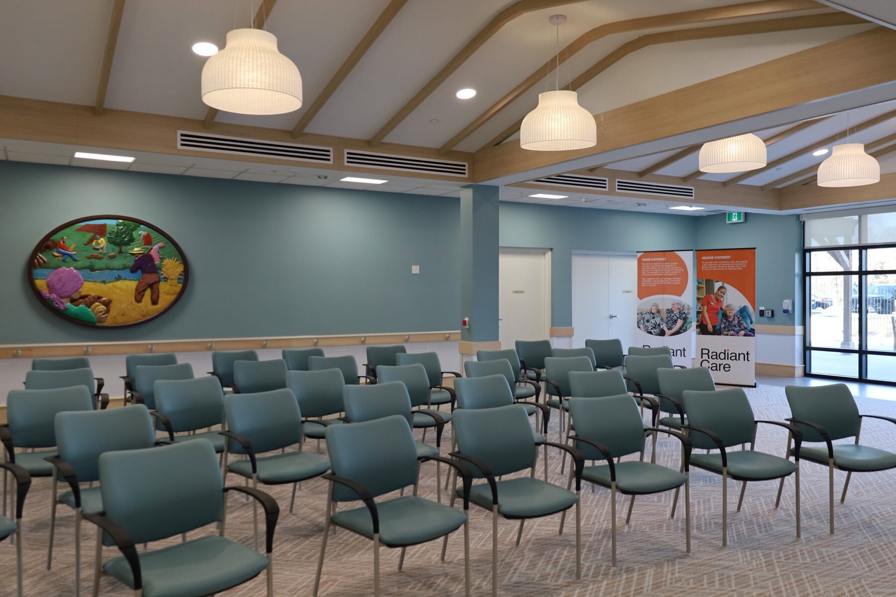 The great room at Pleasant Manor’s new long-term care home, located beside the chapel, is designed for special group programming. 