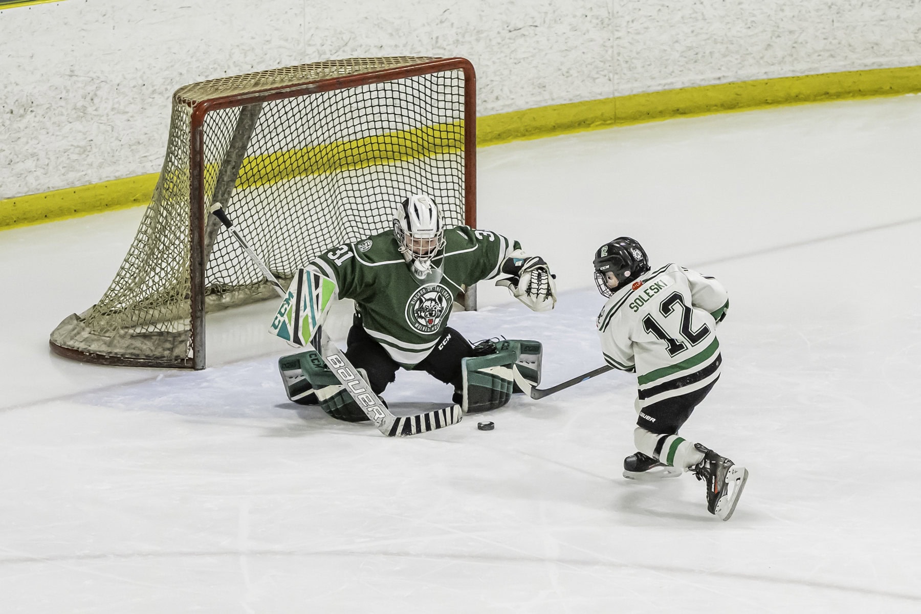 NOTL Wolves goalie Colton Ferguson stops a Lucan Irish player on a breakaway during the Winter Classic U9 Tournament that took place at the Meridian Credit Union arena in Virgil over the weekend. 