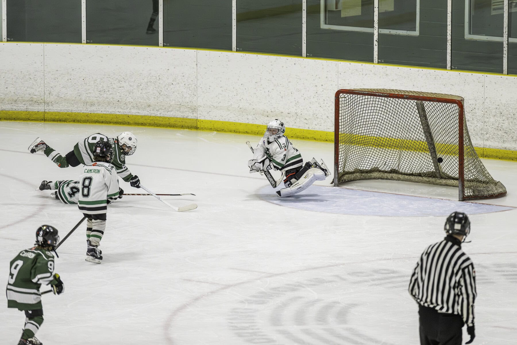 The NOTL Wolves U9’s Ian Neufeld scores in the third period in NOTL’s 2-0 win over the Lucan Irish on Saturday.