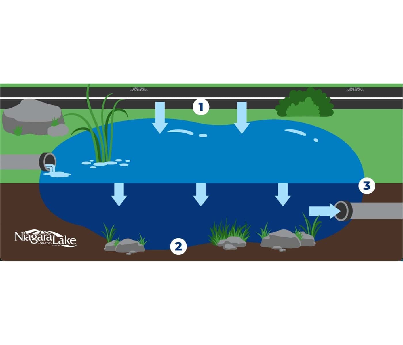 Rain has to go somewhere. This diagram shows how stormwater is collected, slowed down and safely released to reduce flooding.