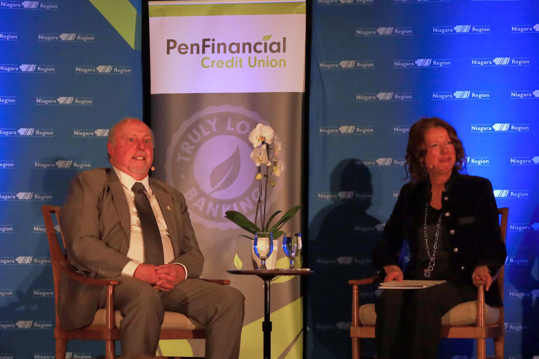 Greater Niagara Chamber of Commerce chief executive officer Mishka Balsom asks Niagara Regional Chair Bob Gale to define the problem behind his push for governance reform during the State of the Region on Feb. 27.