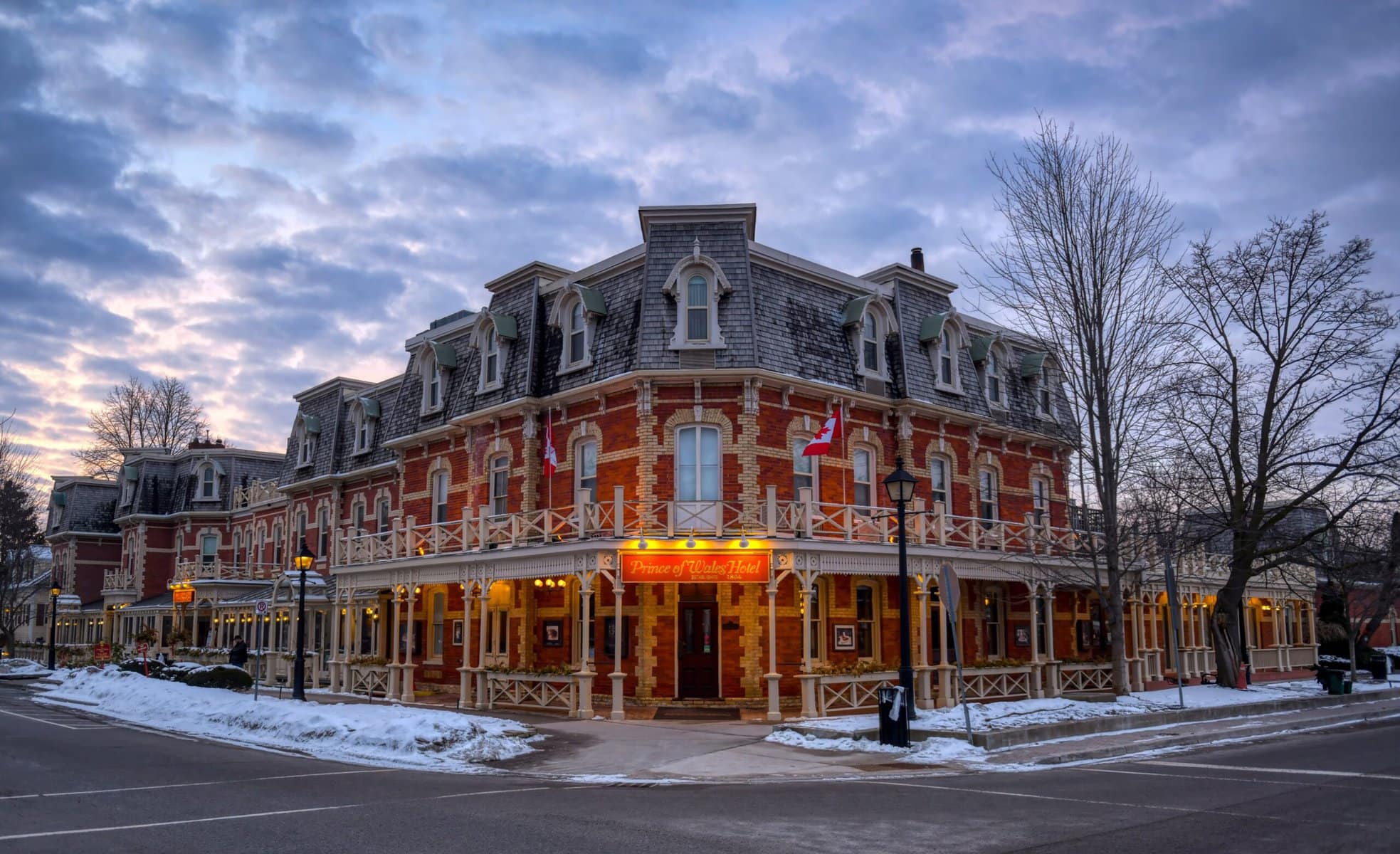 A tableau of the Prince of Wales Hotel on Queen Street as the sun sets.