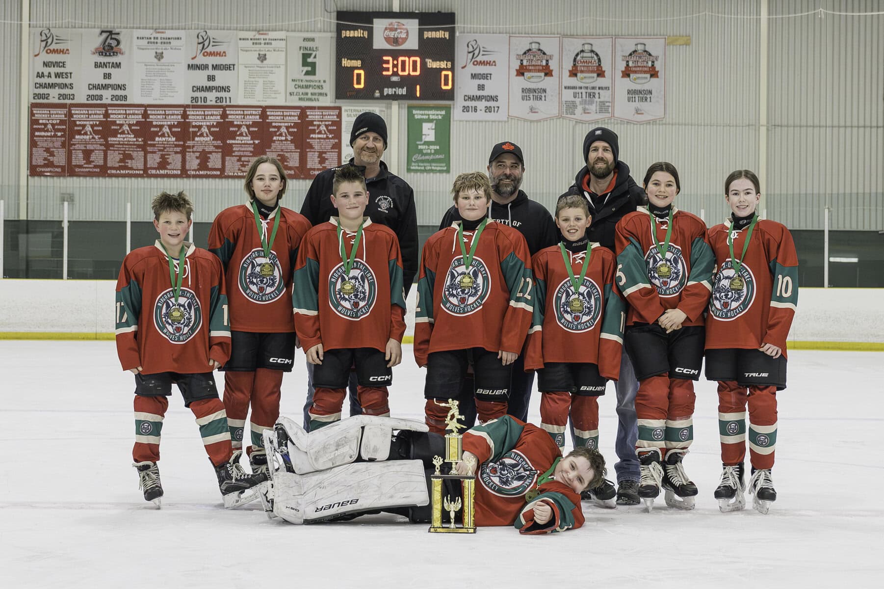 The U13 Wolves, team #2, picked up some hardware in the March Break Classic tourney after defeating NOTL team #1 in the championship game on March 15. From left: Sawyer Moes, Lucy Collins, Tucker Wiens, Harrison Pohorly, Caden Hielema, Regan Doyle , Norah Palmer and goalie Michael Duc.