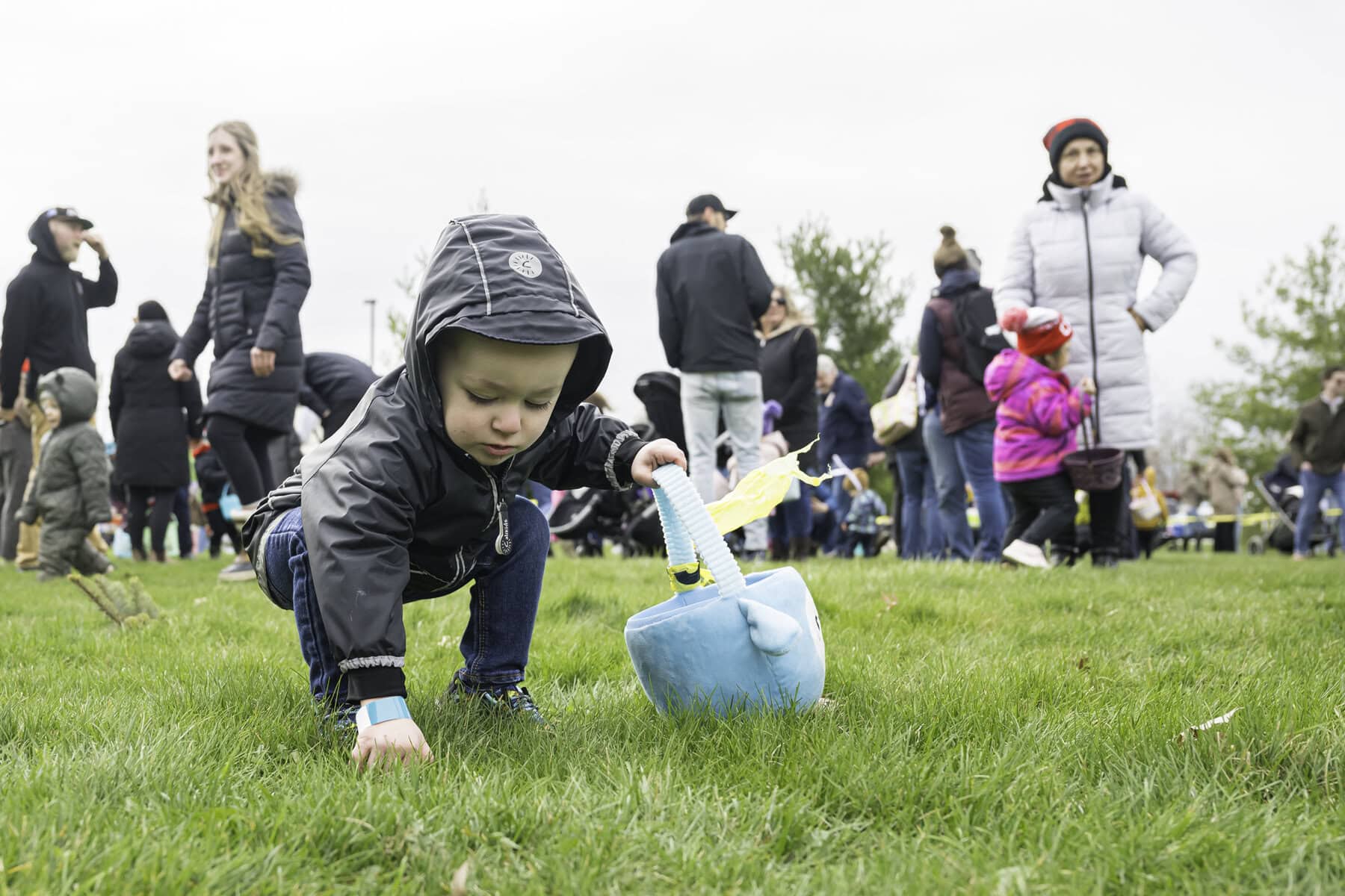 Levi Rumsey, age 2, gathers chocolate eggs during the Kinsmen Easter Egg Hunt on Saturday, a cool spring day that drew more than 500 children
to the fi eld for the annual community tradition.