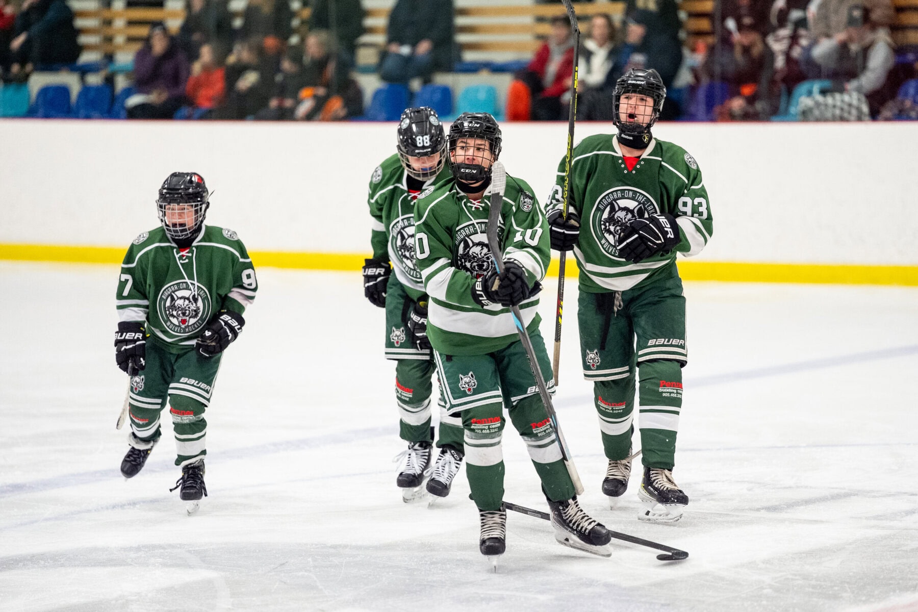 NOTL U15 players Logan Stewart (97), Lucas Woods (88), Dean Olsen (10) and Jake VanSpronsen (93) during their OMHA semifinal.