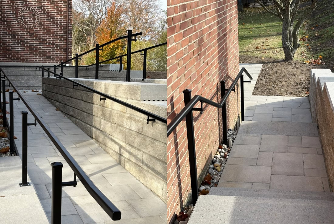 Left, the Riverbrink Art Museum's new accesibility ramp installed on the side of its building. On the other side (right) are the upgraded exterior stairs.