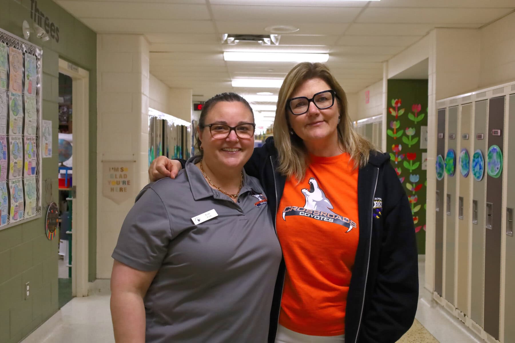 Crossroads principal Kate Fish and Susan Plat, vice-principal at
Crossroads and St. Davids, stand together as both schools work together to make September’s boundary change feel less overwhelming for students and families.