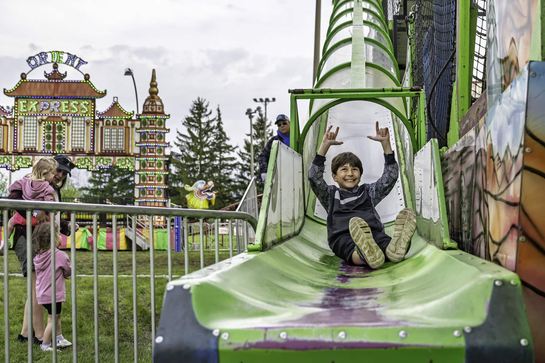 Ten-year-old George Vanderform is rockin’ and rollin’ on his way down the large slide — fear of heights? Forget about it.