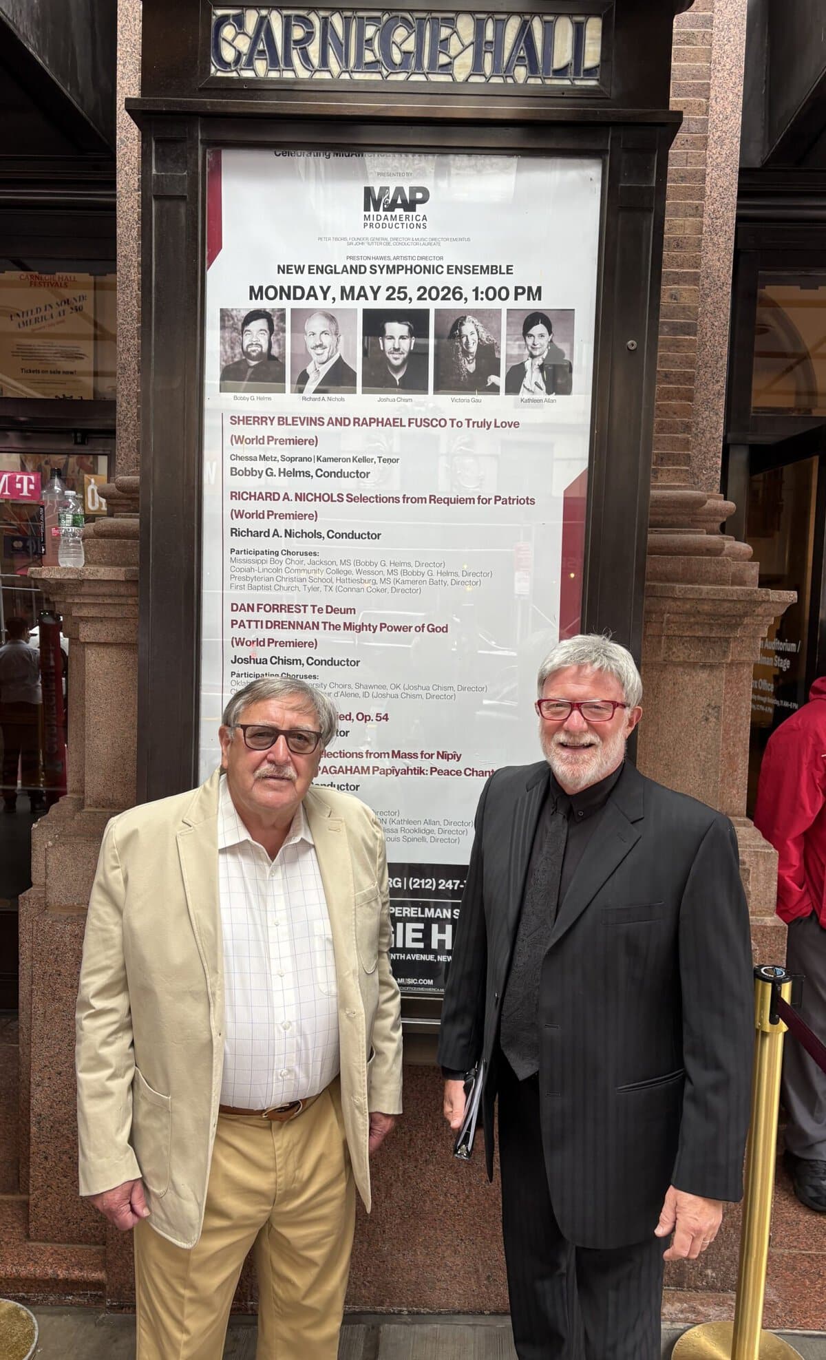 Daryl Novak, right, and partner Brian Harrison stand outside Carnegie Hall in New York City prior to the concert.
 