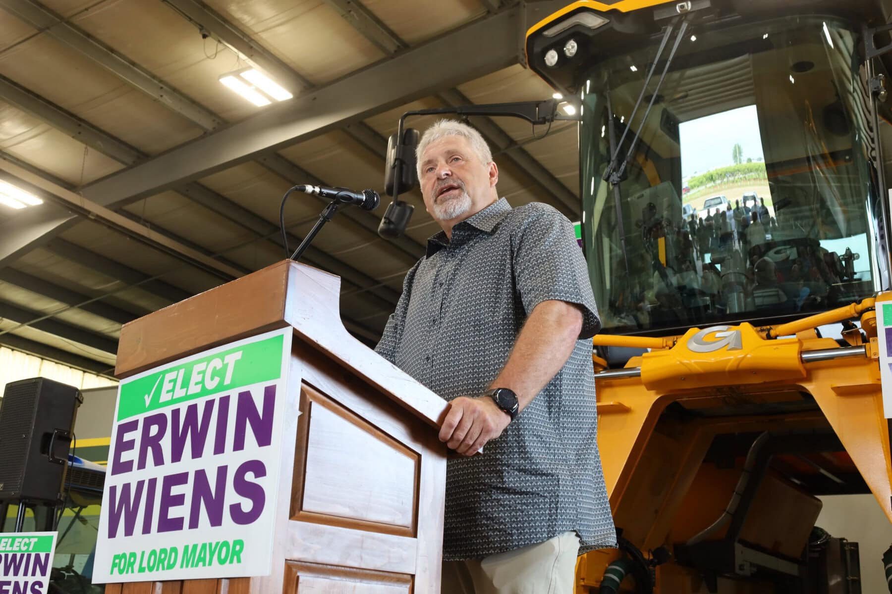 Deputy Lord Mayor Erwin Wiens tells supporters Niagara-on-the-Lake must keep control of its own future as he launches his campaign for lord mayor Monday evening at Lakeview Vineyard Equipment Inc.