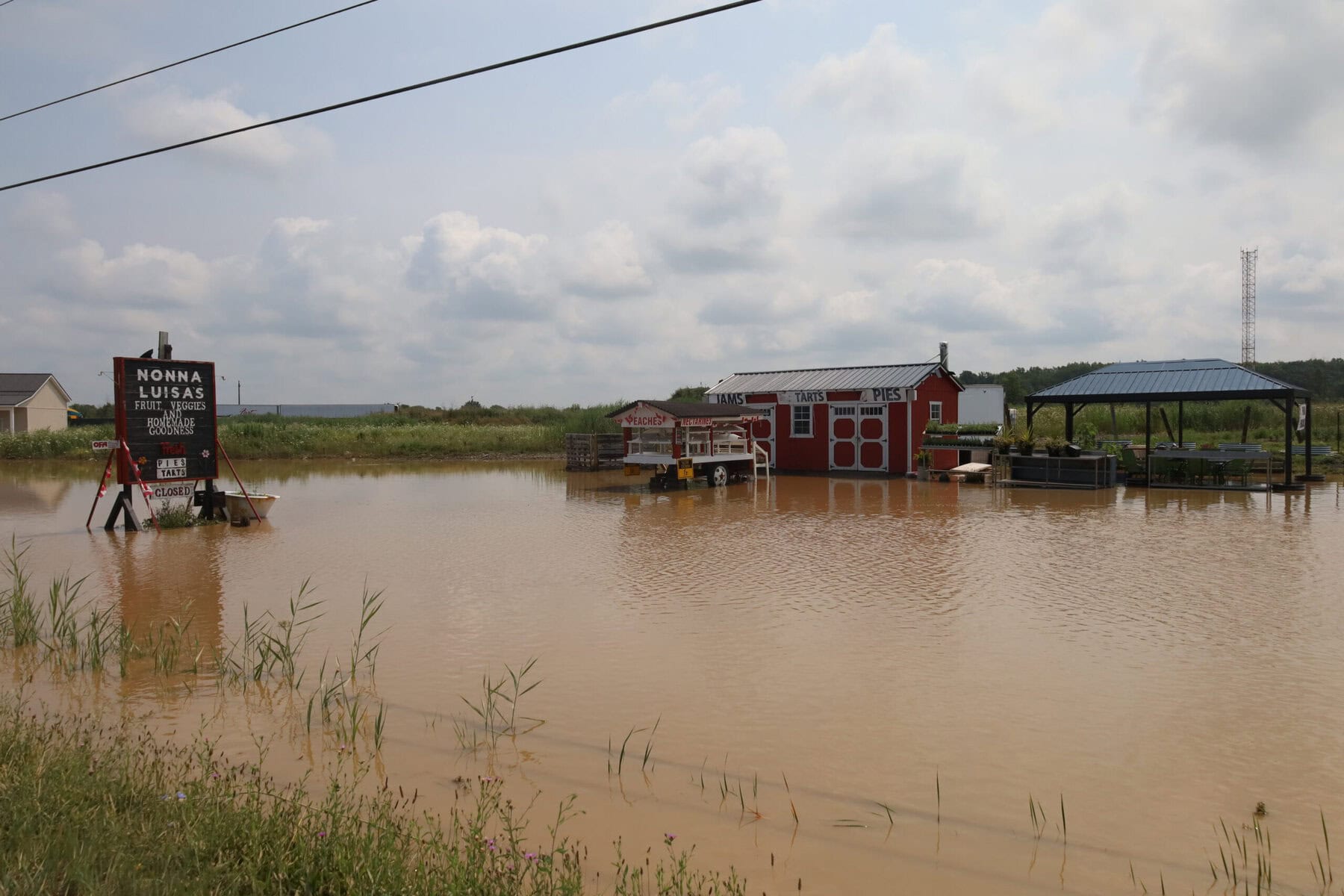 Floodwater swallows signs and infrastructure at Nonna Luisa’s along Niagara Stone Road.