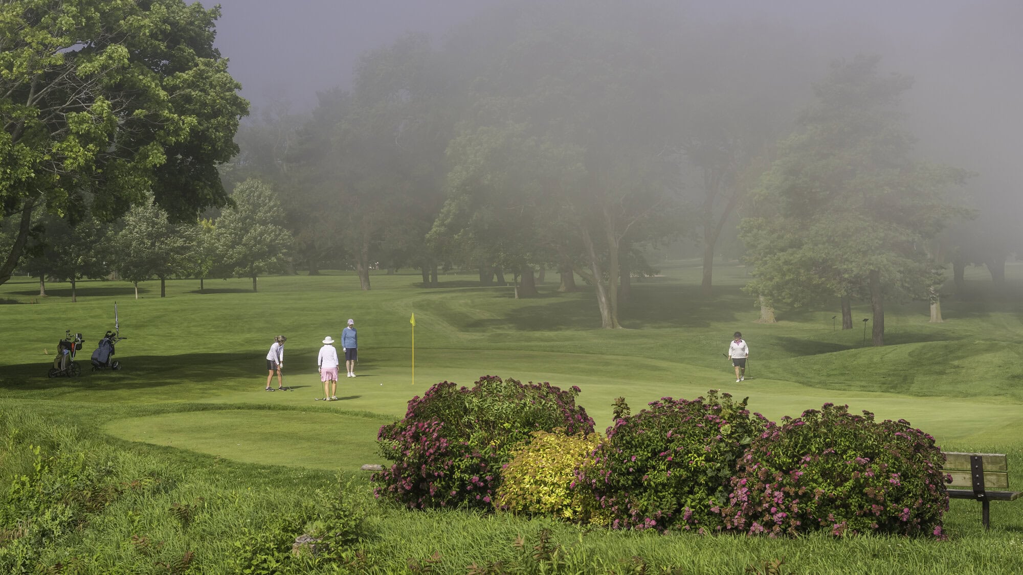 A mixture of bright sun and dense fog created odd playing conditions for the nine- and 18-hole women's leagues at the NOTL Golf Club on Tuesday. Here, Maria Townley, left, and her group putt out on the seventh hole. 