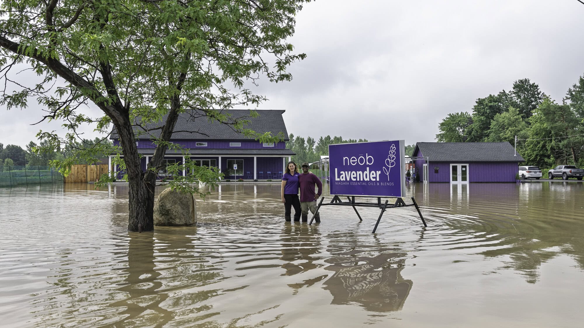 Melissa and Robert Achal, owners of Neob Lavender on Niagara Stone Road, stand in water that's almost knee-high on their property.