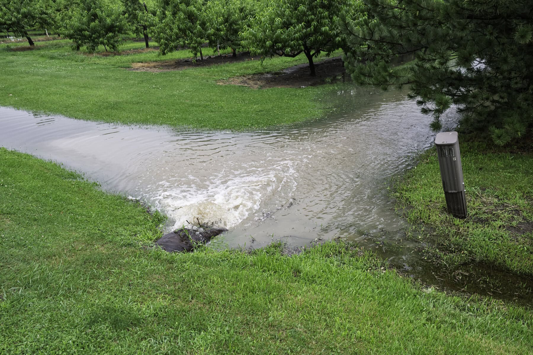 Rain water rushes out of this culvert on Line 2 Road.