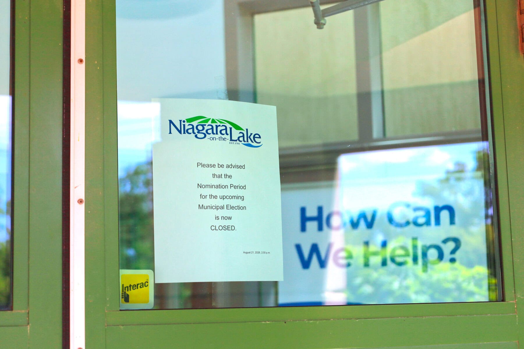 A sign at Niagara-on-the-Lake Town Hall marks the close of nominations for the 2026 municipal election at 2 p.m. Friday. 