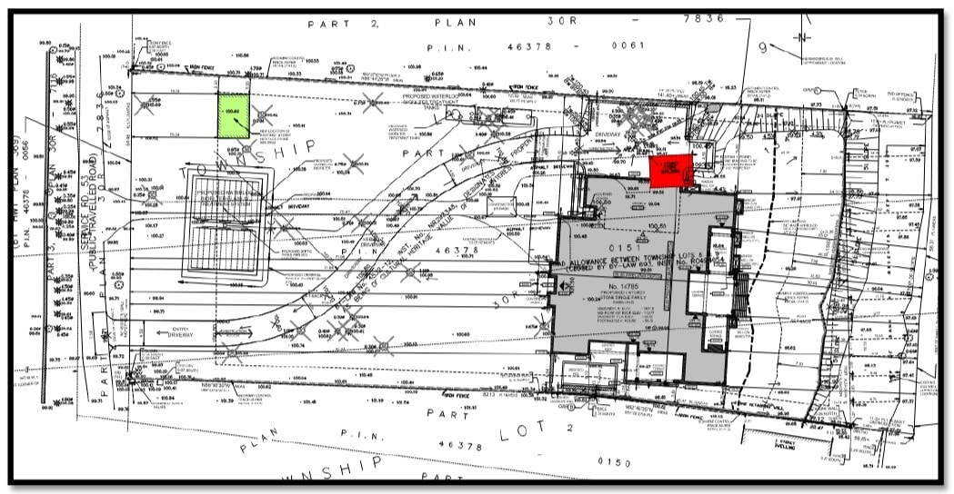A site plan showing the current location of the Larkin-Dimitrieff property schoolhouse (indicated in red) and the planned new location for it (indicated in green).