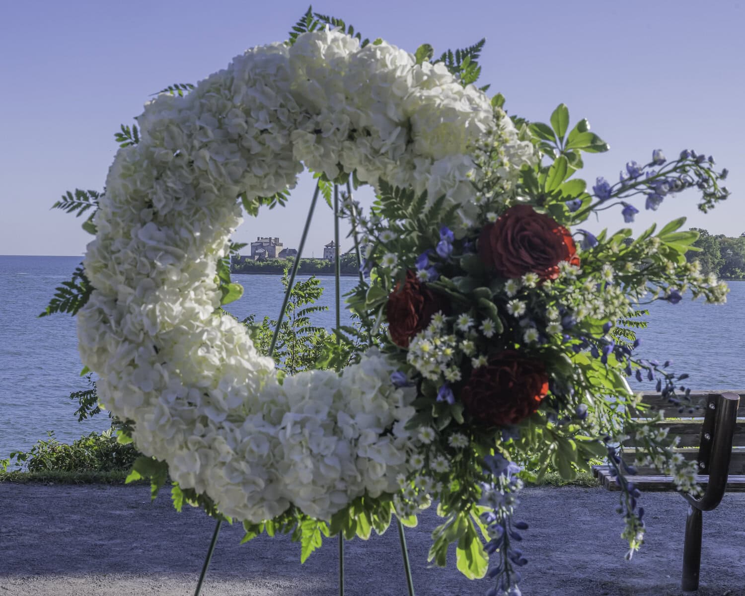 A wreath of white flowers offered in memory of the 2,977 victims of the 9/11 attacks.