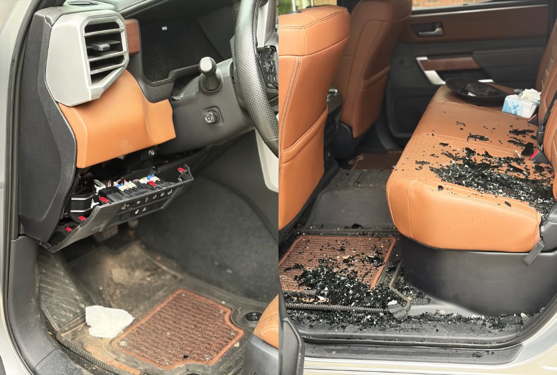 The aftermath of the
break-in of Ross Sanders’ car. The vehicle’s driver-side rear window was smashed early Sunday morning and its wiring had been tampered with.
