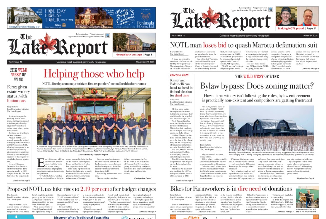 Managing editor Zahraa Hmood won Best
Feature Story for her look at how NOTL volunteer firefighters cope
with trauma. Reporter Paige Seburn won Excellence in Rural Reporting
for her coverage of issues facing the agricultural sector. 