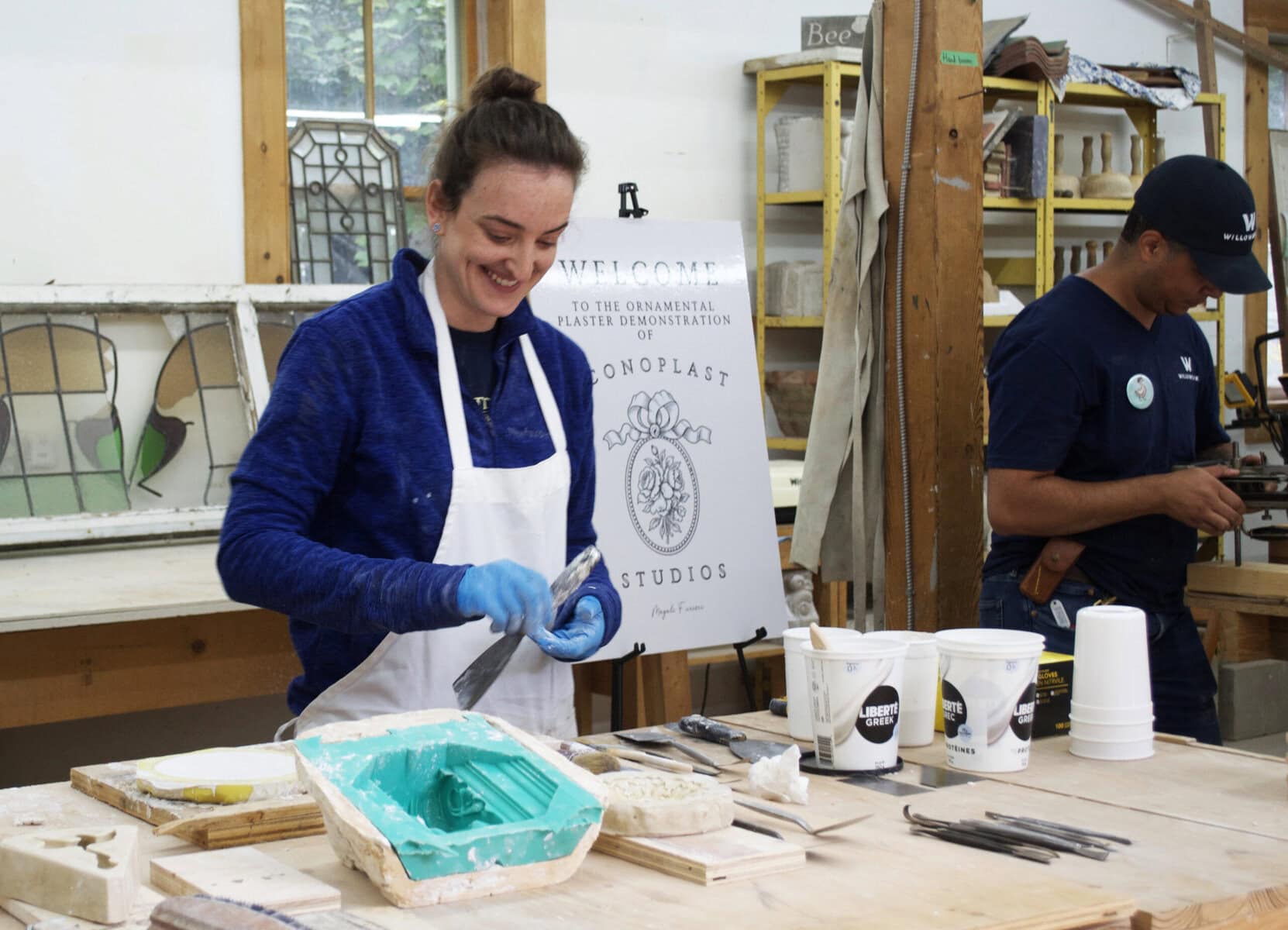 Magali Furieri demonstrates the plaster restoration work she does with Iconoplast Studios.
